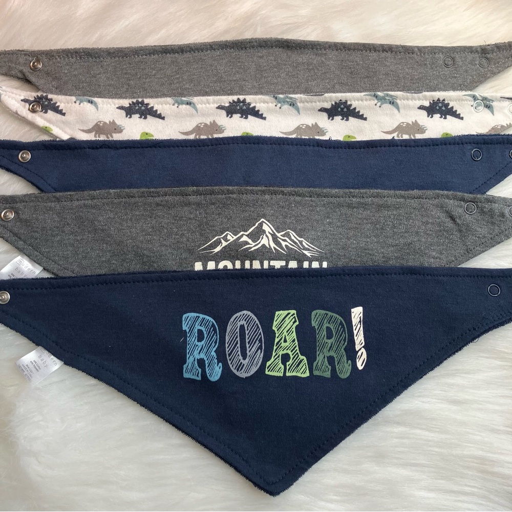 Modern Baby Boys Bandana Bibs - Dinosaurs and Mountains - Blue, Grey, & White